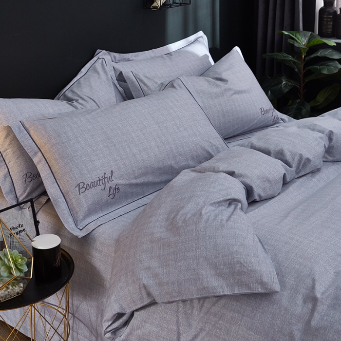 91家纺网 家纺一手货源 找家纺 雲归梦 北欧简约全棉绣花四件套 圣托里尼-太空灰