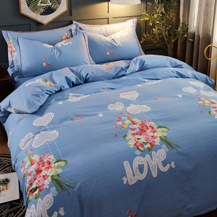 91家纺网 家纺一手货源 找家纺 雲归梦 2019新款多规格全棉加厚生态磨毛四件套 爱情花开-蓝
