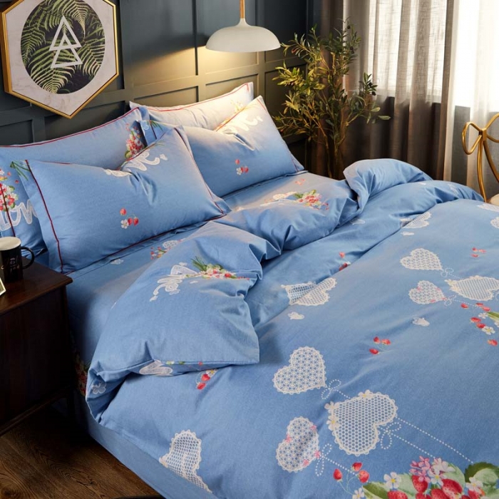 91家纺网 家纺一手货源 找家纺 雲归梦 2019新款多规格全棉加厚生态磨毛四件套 爱情花开-蓝