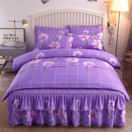 将钰家纺  2021新款双层花边床裙四件套 百花仙子-紫