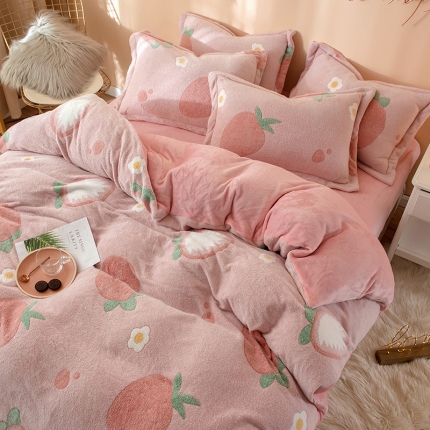 91家纺网 家纺一手货源 找家纺 川悦生活 2019新款立体雪花绒四件套 小草莓粉