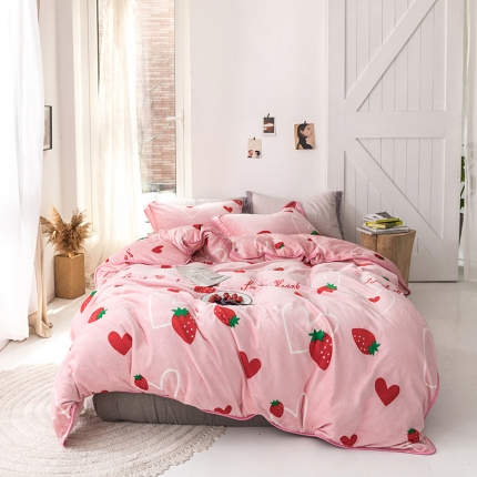 91家纺网 家纺一手货源 找家纺 苏拉 2019新款加厚保暖速暖绒四件套 心心草莓