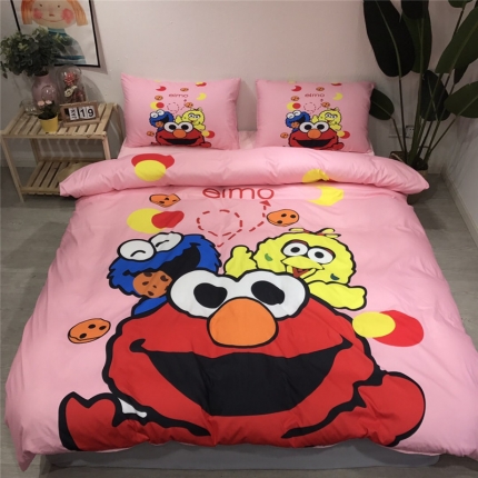 91家纺网 家纺一手货源 找家纺 芊芷萱家纺 2019新款水洗真丝四件套 粉底芝麻街