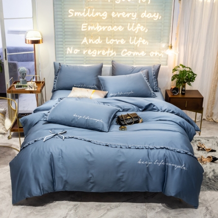 91家纺网 家纺一手货源 找家纺 娇逸家纺 201960长绒棉简韩版安妮系列四件套 宾利蓝