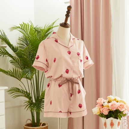 真丝缎睡衣家居服-小草莓-粉色