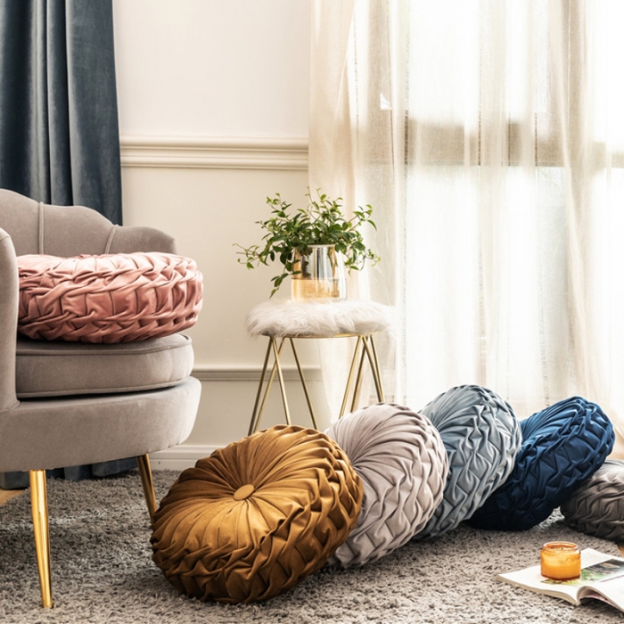 91家纺网 家纺一手货源 找家纺 918家纺 2021欧式轻奢风纯手工圆形坐垫抱枕 湖蓝