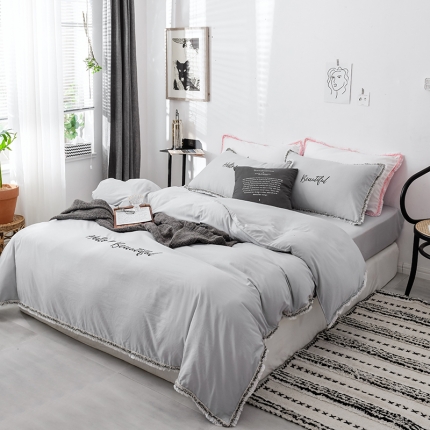 91家纺网 家纺一手货源 找家纺 （总）索飞特家纺 刺绣流苏爆款小清新水洗棉绣花四件套床笠款