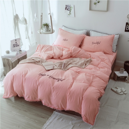 91家纺网 家纺一手货源 找家纺 索飞特家纺 刺绣流苏爆款小清新水洗棉绣花四件套 全粉