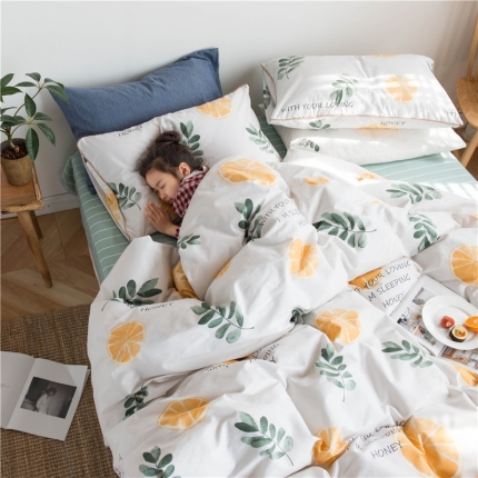 91家纺网 家纺一手货源 找家纺 北纬27度 2019水洗棉女神边四件套床单款 清新柠檬