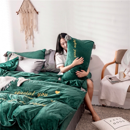 北纬27度 2019新款流苏刺绣加厚宝宝绒四件套 缠绵墨绿