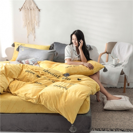 北纬27度 2019新款流苏刺绣加厚宝宝绒四件套 木槿黄