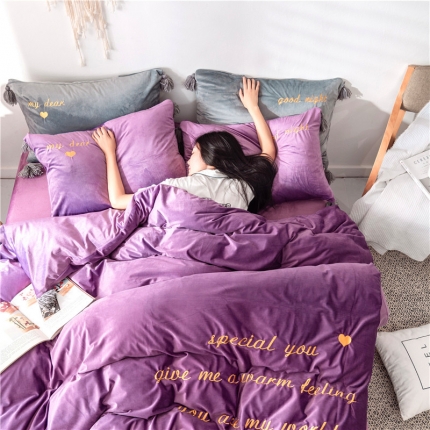 北纬27度 2019新款流苏刺绣加厚宝宝绒四件套 凝香紫