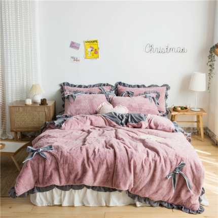 91家纺网 家纺一手货源 找家纺 （总）北纬27度 韩国兔兔绒少女心蝴蝶结四件套床笠款