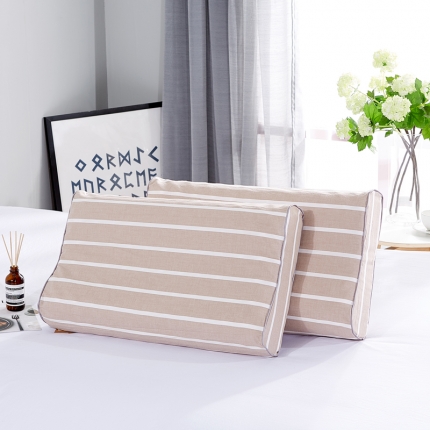 萌番宝日式简约纯天然无印乳胶枕纯棉水洗棉条纹乳胶枕头 咖条纹