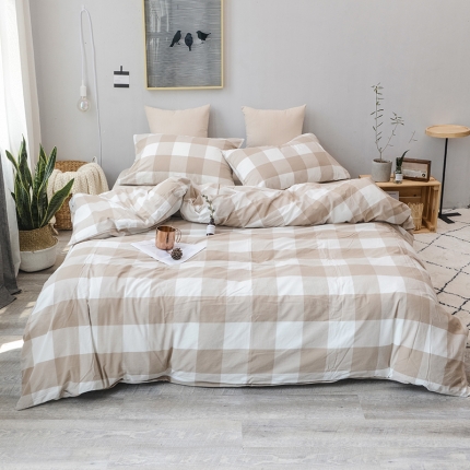 91家纺网 家纺一手货源 找家纺 柠萌家居 全棉色织水洗棉三件套四件套床笠款床单款 咖白中格