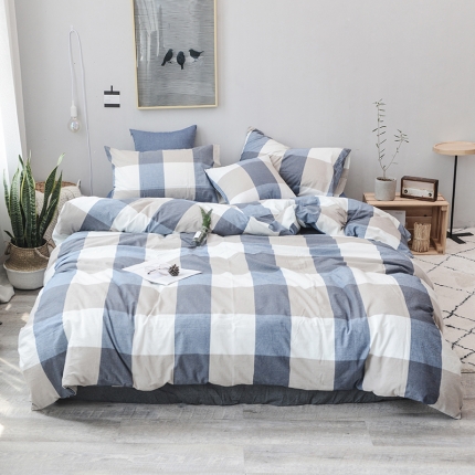 91家纺网 家纺一手货源 找家纺 柠萌家居 全棉色织水洗棉三件套四件套床笠款床单款 蓝大格