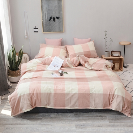 91家纺网 家纺一手货源 找家纺 柠萌家居 全棉色织水洗棉三件套无印良品风四件套