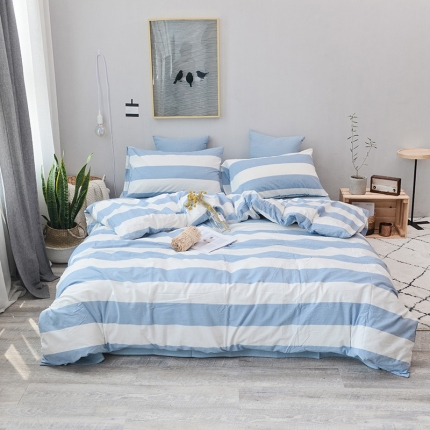 91家纺网 家纺一手货源 找家纺 柠萌家居 全棉色织水洗棉三件套四件套床笠款床单款 蓝白条