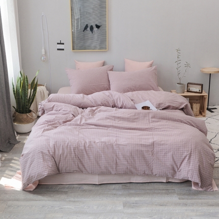 91家纺网 家纺一手货源 找家纺 柠萌家居 全棉色织水洗棉三件套四件套床笠款床单款 豆沙小格