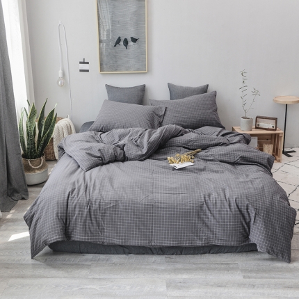 91家纺网 家纺一手货源 找家纺 柠萌家居 全棉色织水洗棉三件套无印良品风四件套