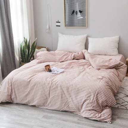 91家纺网 家纺一手货源 找家纺 柠萌家居 全棉色织水洗棉单被套 蜜粉小格