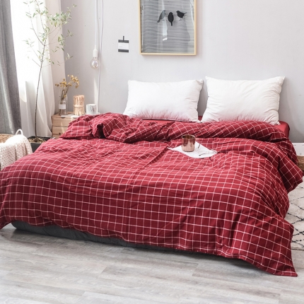 91家纺网 家纺一手货源 找家纺 柠萌家居 全棉色织水洗棉无印良品风单被套格子纯色系列