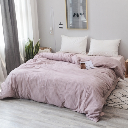 91家纺网 家纺一手货源 找家纺 柠萌家居 全棉色织水洗棉无印良品风单被套格子纯色系列