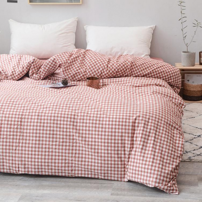 91家纺网 家纺一手货源 找家纺 柠萌家居 全棉色织水洗棉单被套 橙红小格