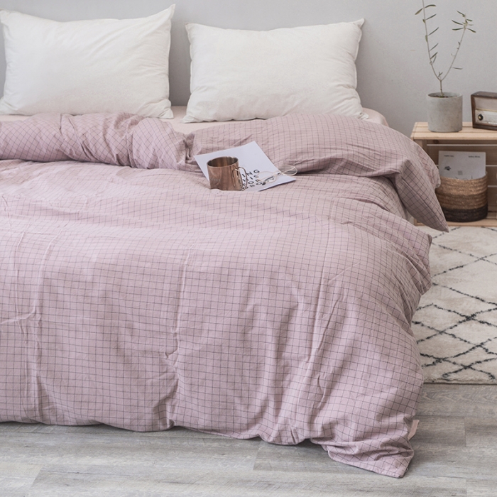 91家纺网 家纺一手货源 找家纺 柠萌家居 全棉色织水洗棉单被套 豆沙小格