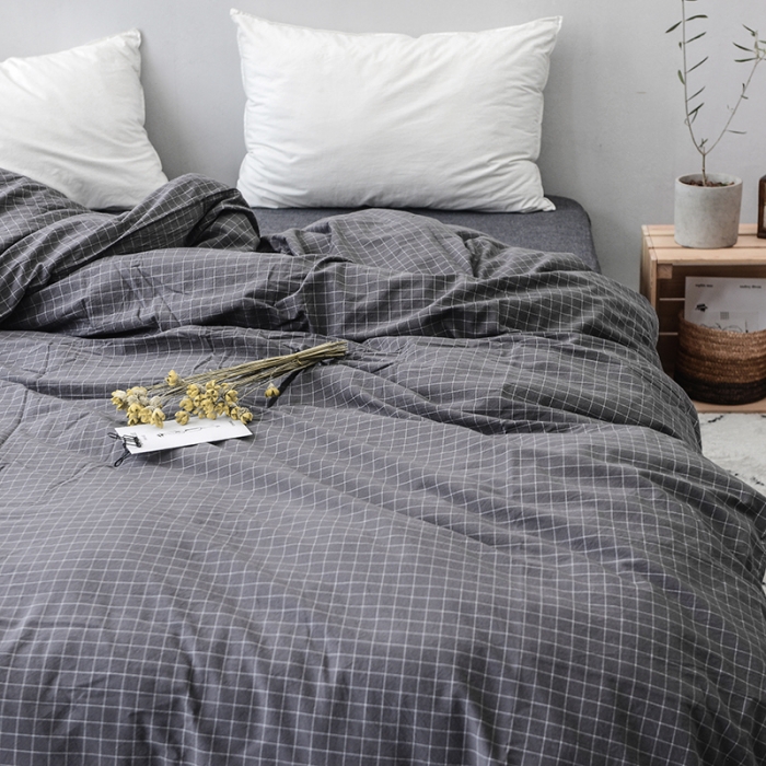 91家纺网 家纺一手货源 找家纺 柠萌家居 全棉色织水洗棉单被套  灰小格