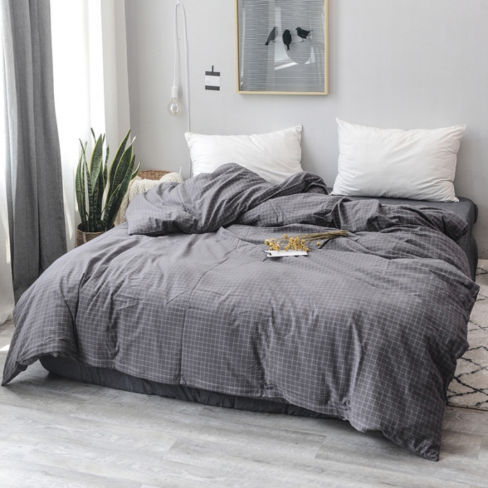 91家纺网 家纺一手货源 找家纺 柠萌家居 全棉色织水洗棉单被套  灰小格