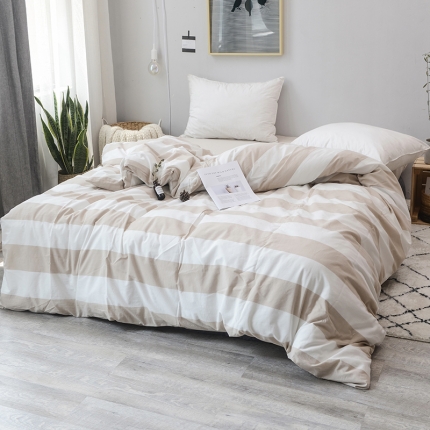 91家纺网 家纺一手货源 找家纺 柠萌家居 全棉色织水洗棉单被套 咖白条