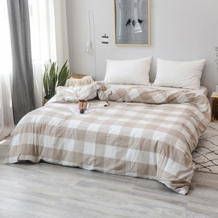 柠萌家居 全棉色织水洗棉单被套 咖白中格