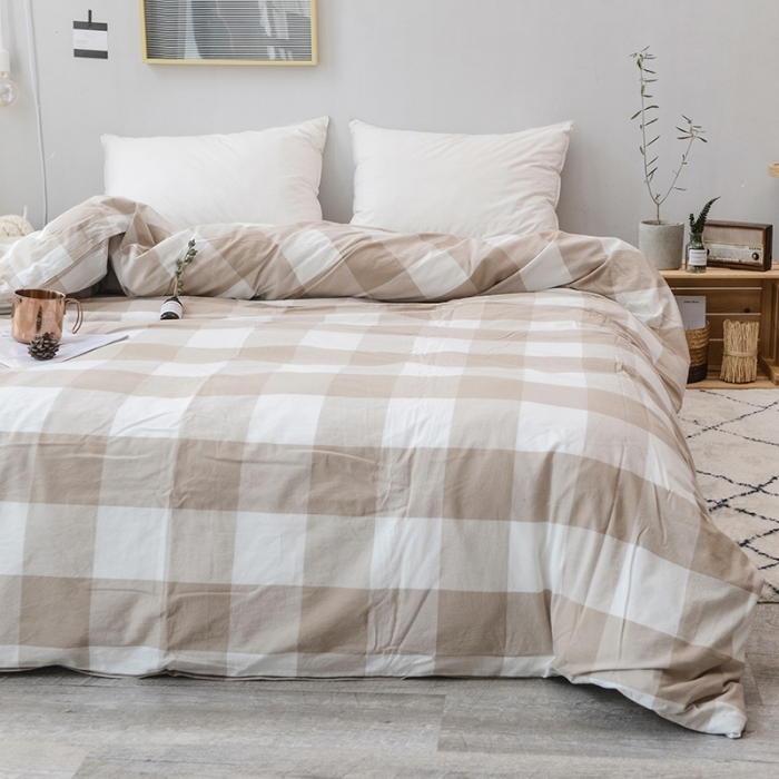 91家纺网 家纺一手货源 找家纺 柠萌家居 全棉色织水洗棉单被套 咖白中格