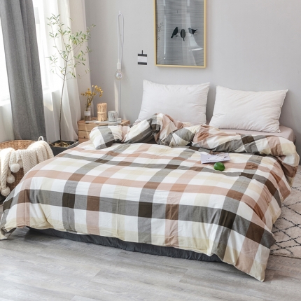 柠萌家居 全棉色织水洗棉单被套 咖灰中格