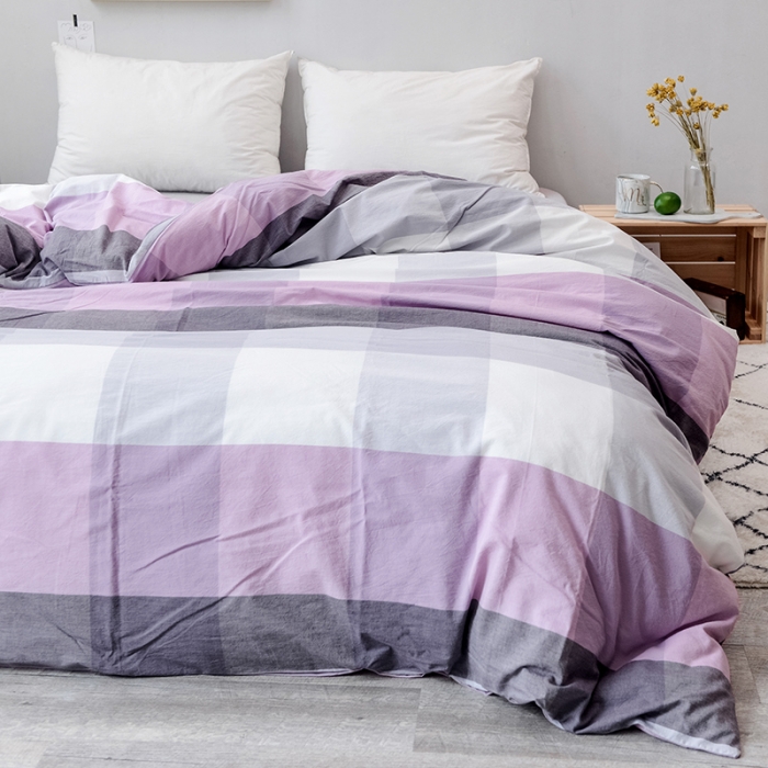 91家纺网 家纺一手货源 找家纺 柠萌家居 全棉色织水洗棉单被套 紫灰中格