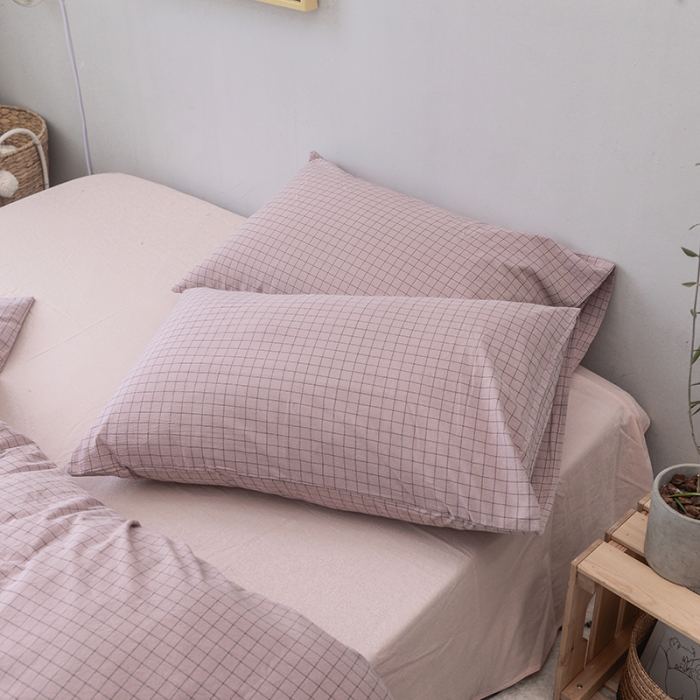 91家纺网 家纺一手货源 找家纺 柠萌家居 全棉色织水洗棉三件套四件套床笠款床单款 豆沙小格