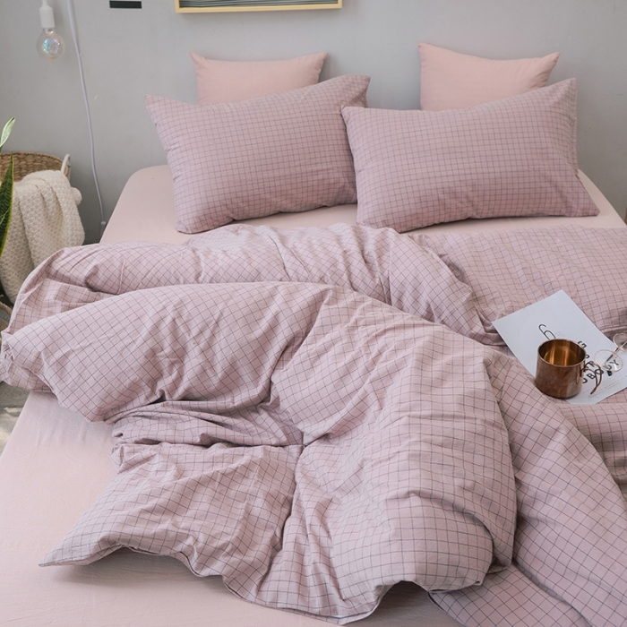 91家纺网 家纺一手货源 找家纺 柠萌家居 全棉色织水洗棉三件套四件套床笠款床单款 豆沙小格