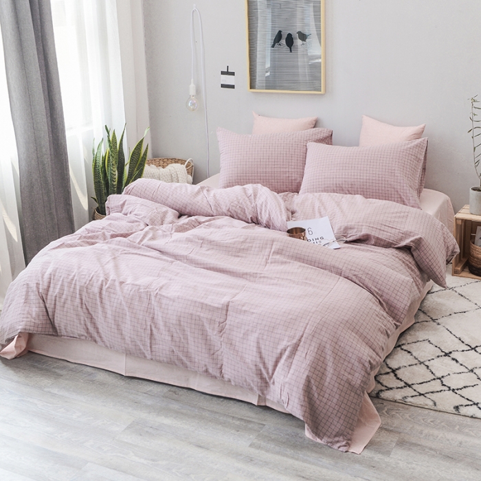 91家纺网 家纺一手货源 找家纺 柠萌家居 全棉色织水洗棉三件套四件套床笠款床单款 豆沙小格