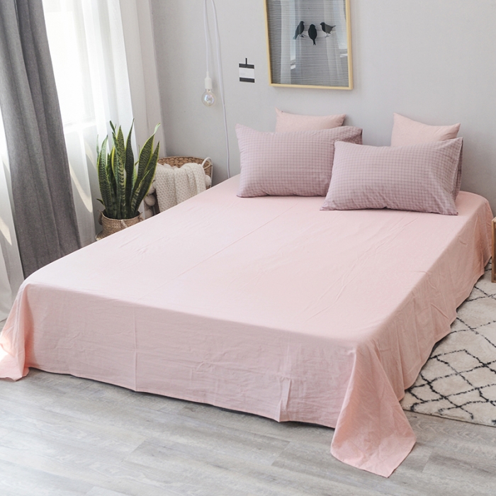 91家纺网 家纺一手货源 找家纺 柠萌家居 全棉色织水洗棉三件套四件套床笠款床单款 豆沙小格