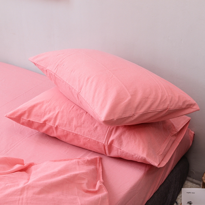 91家纺网 家纺一手货源 找家纺 柠萌家居 全棉色织水洗棉三件套四件套床笠款床单款 粉红色