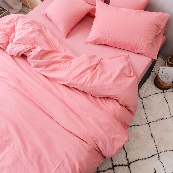 91家纺网 家纺一手货源 找家纺 柠萌家居 全棉色织水洗棉三件套四件套床笠款床单款 粉红色