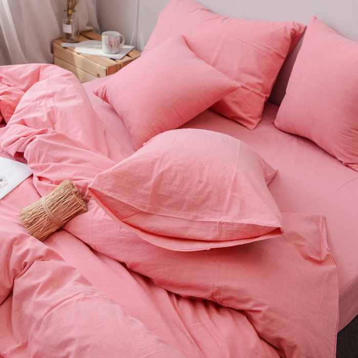 91家纺网 家纺一手货源 找家纺 柠萌家居 全棉色织水洗棉三件套四件套床笠款床单款 粉红色