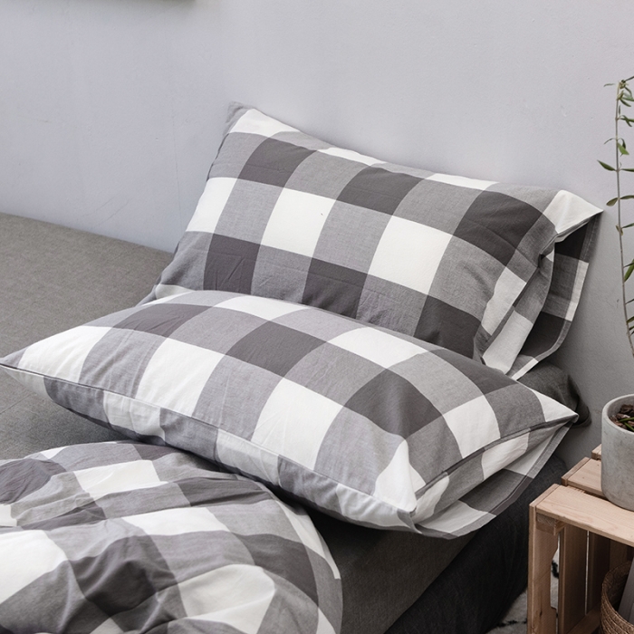 91家纺网 家纺一手货源 找家纺 柠萌家居 全棉色织水洗棉三件套四件套床笠款床单款 灰白中格