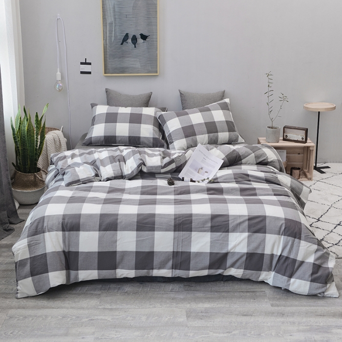 91家纺网 家纺一手货源 找家纺 柠萌家居 全棉色织水洗棉三件套四件套床笠款床单款 灰白中格