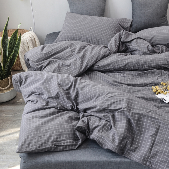 91家纺网 家纺一手货源 找家纺 柠萌家居 全棉色织水洗棉三件套四件套床笠款床单款 灰小格