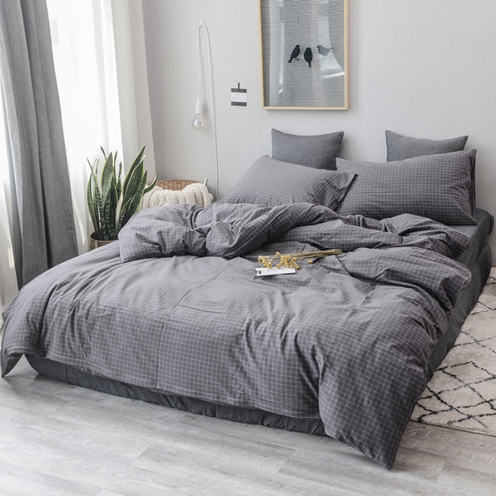 91家纺网 家纺一手货源 找家纺 柠萌家居 全棉色织水洗棉三件套四件套床笠款床单款 灰小格