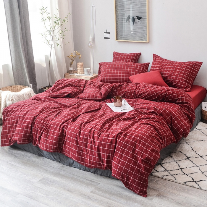 91家纺网 家纺一手货源 找家纺 柠萌家居 全棉色织水洗棉三件套四件套床笠款床单款 酒红方格