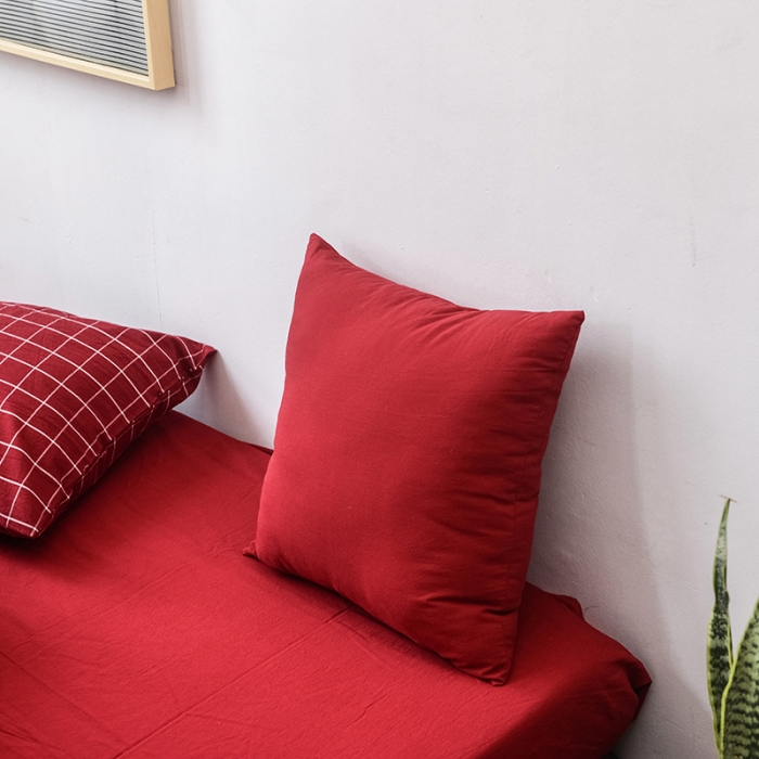 91家纺网 家纺一手货源 找家纺 柠萌家居 全棉色织水洗棉三件套四件套床笠款床单款 酒红方格