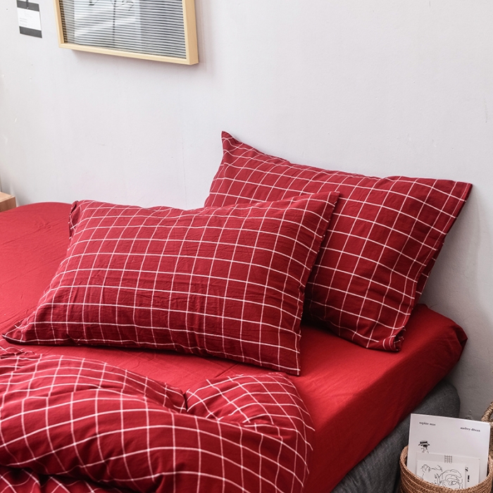 91家纺网 家纺一手货源 找家纺 柠萌家居 全棉色织水洗棉三件套四件套床笠款床单款 酒红方格